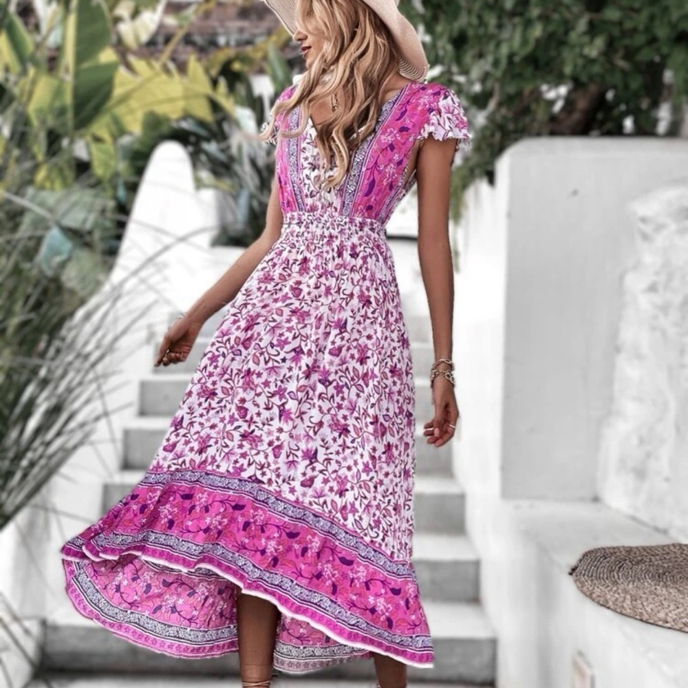 LAST 1 Boho gypsy floral print v neck open back midi dress pink short sleeve